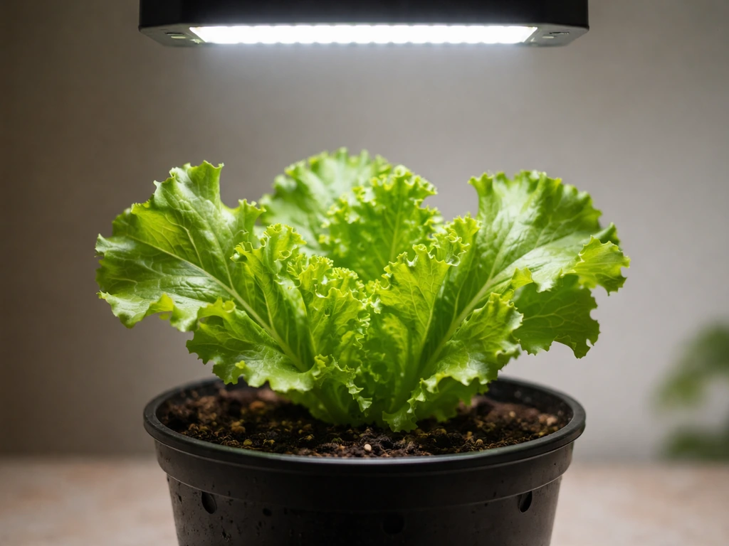 Close-up of leaf lettuce in a shallow pot under a grow light, leaves lit from above.