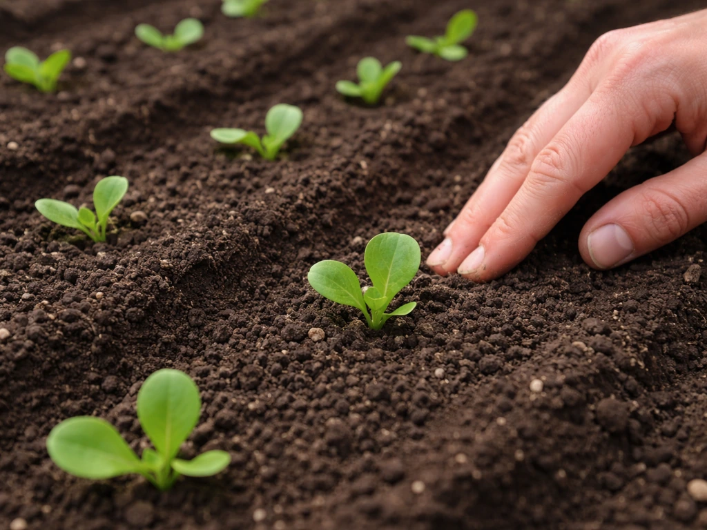 Hand gently presses shallow soil around spaced leaf lettuce seedlings in a garden bed.