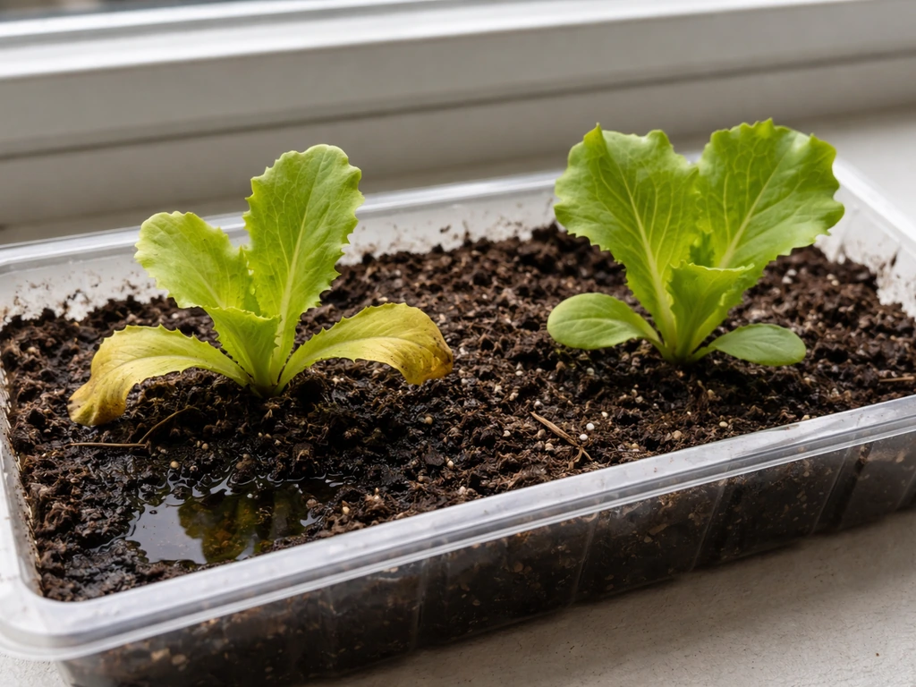 Lettuce seedlings in a small tray showing one yellowing from overwatering and one healthier green.