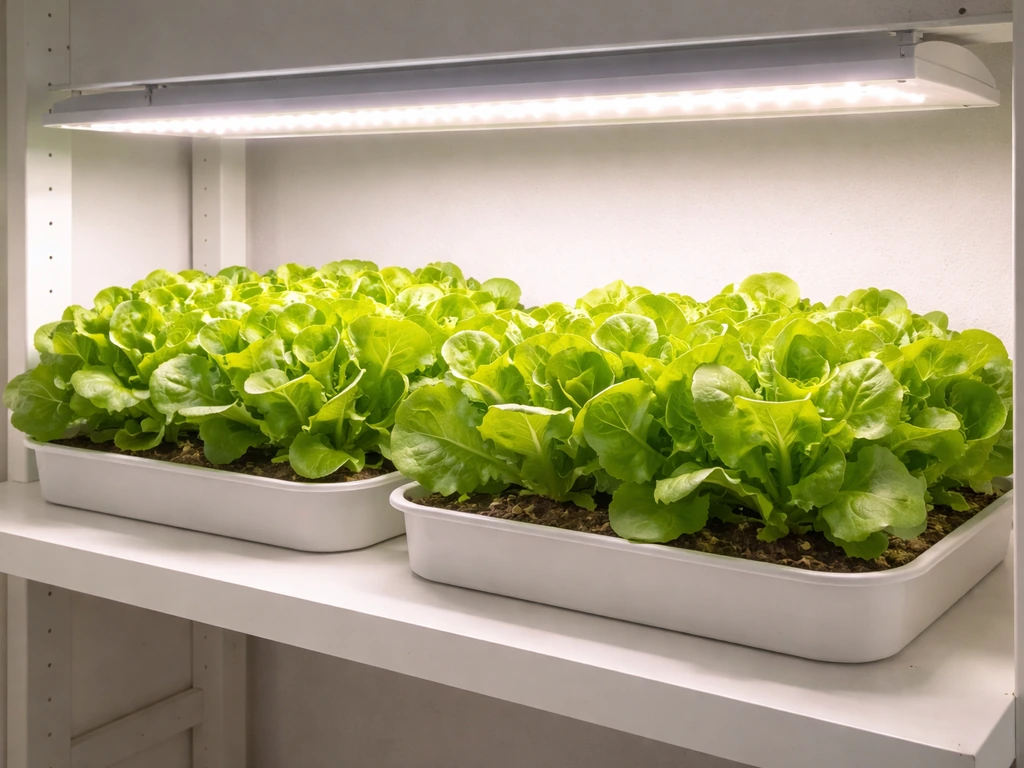 Healthy green lettuce plants in shallow trays under a bright LED grow light indoors.