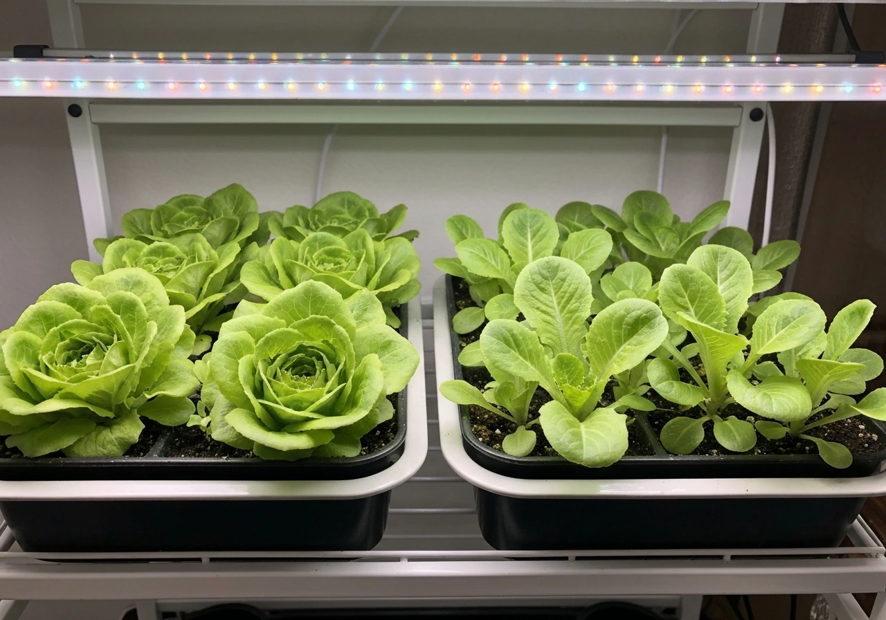 Two indoor grow trays under LED lights showing loose-leaf and butterhead lettuce seedlings side by side.