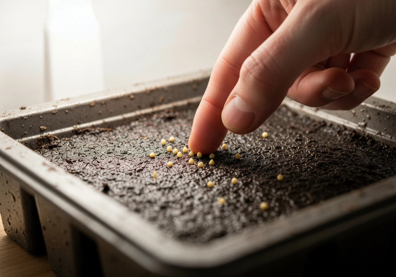 Tiny lettuce seeds pressed onto moist seed-starting mix under a grow light.