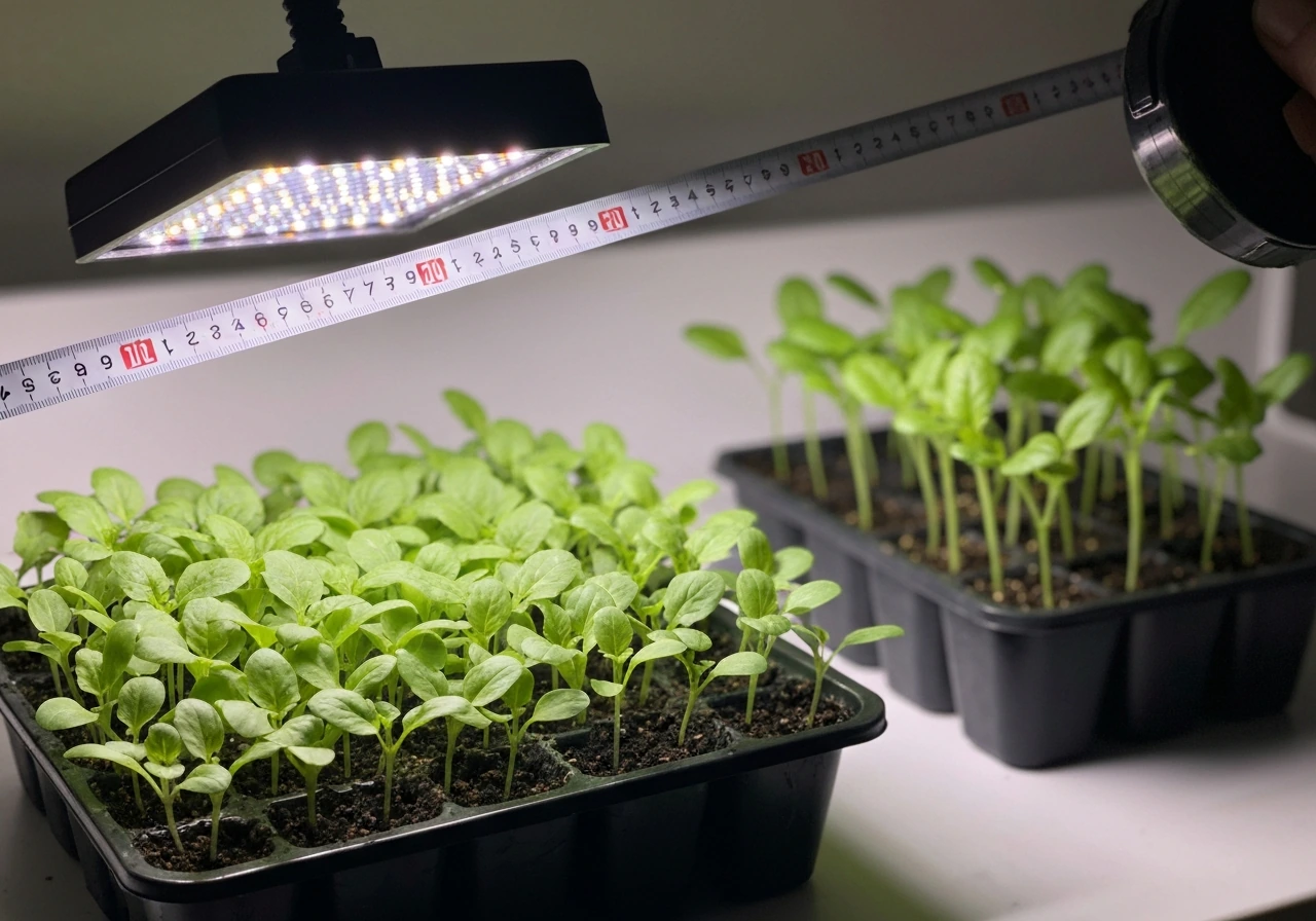 Two seedling trays under an adjustable LED grow light, with a measuring tape showing distance and leggy growth.