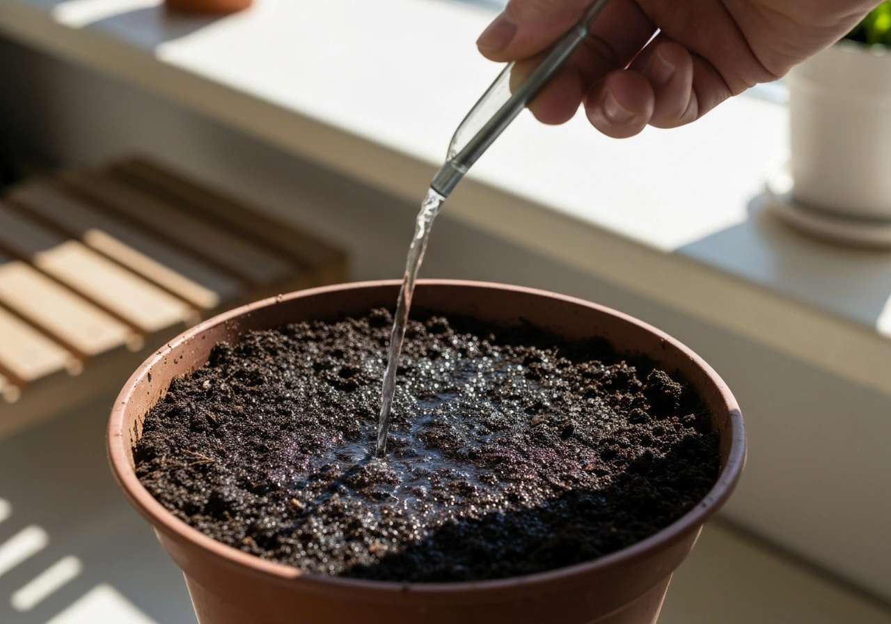 Hand gently watering lettuce soil in a small 6-inch pot, soil evenly moist—not waterlogged.