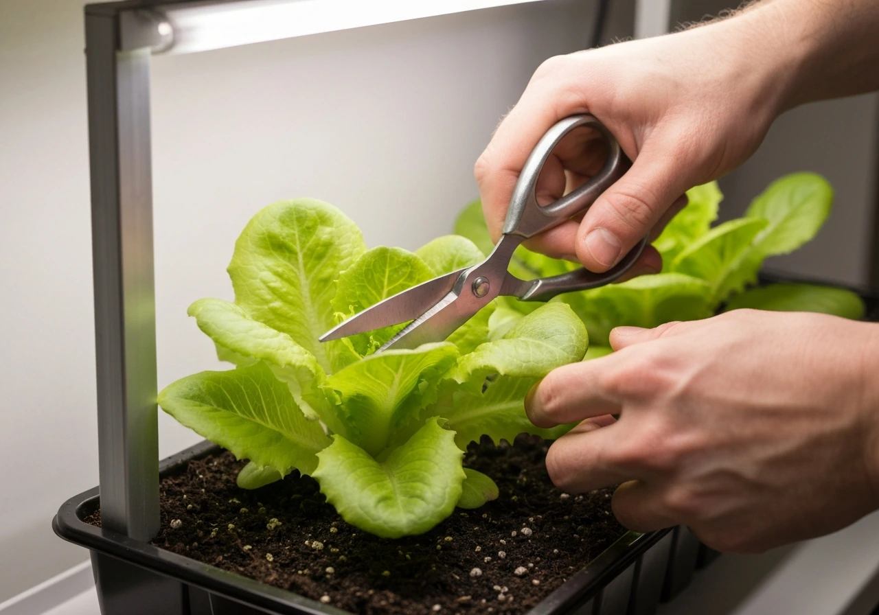 Hands using scissors to harvest outer lettuce leaves while the plant keeps growing indoors