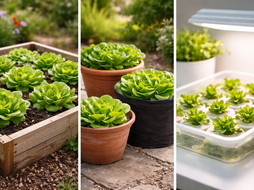 Lettuce growing in raised bed, terracotta pots, and a small hydroponic setup with a grow light glow
