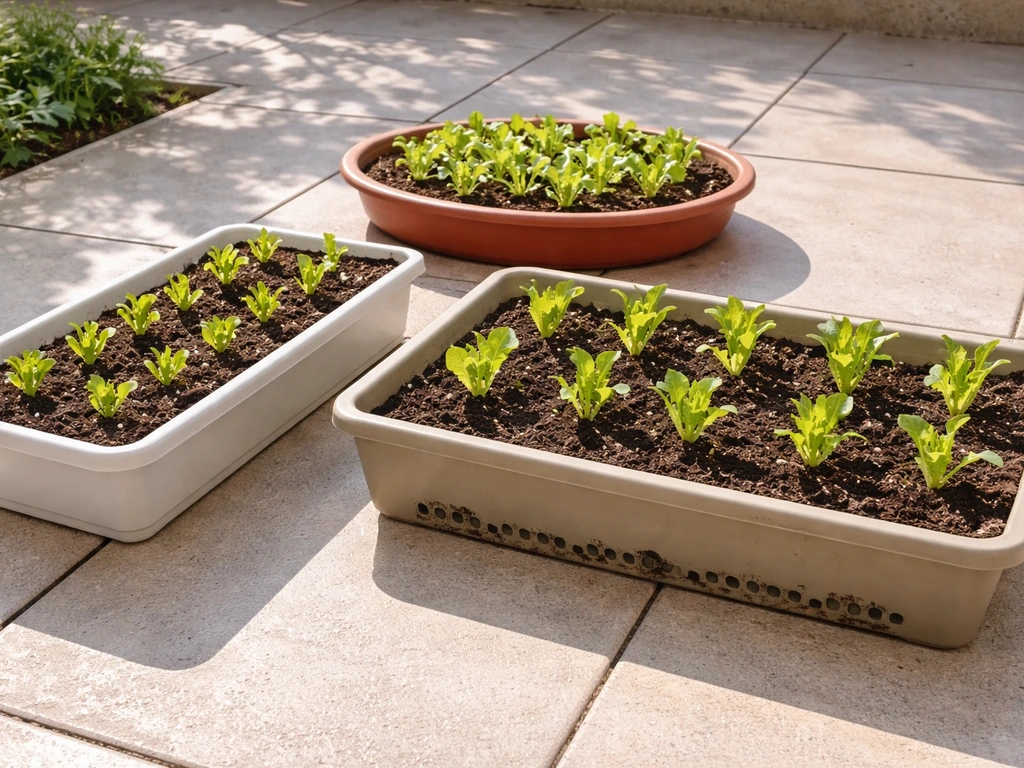 Side-by-side shallow containers with lettuce seedlings and visible drainage for easy growth