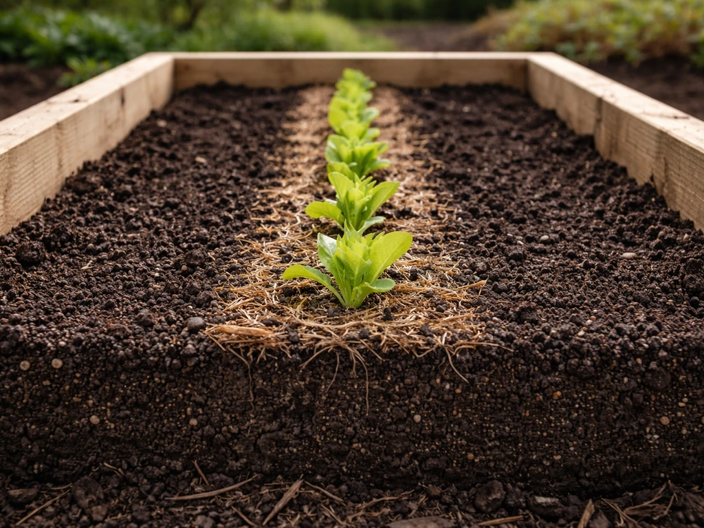 Raised lettuce bed with a clearly visible 6–8 inch deep soil row and neat planting line