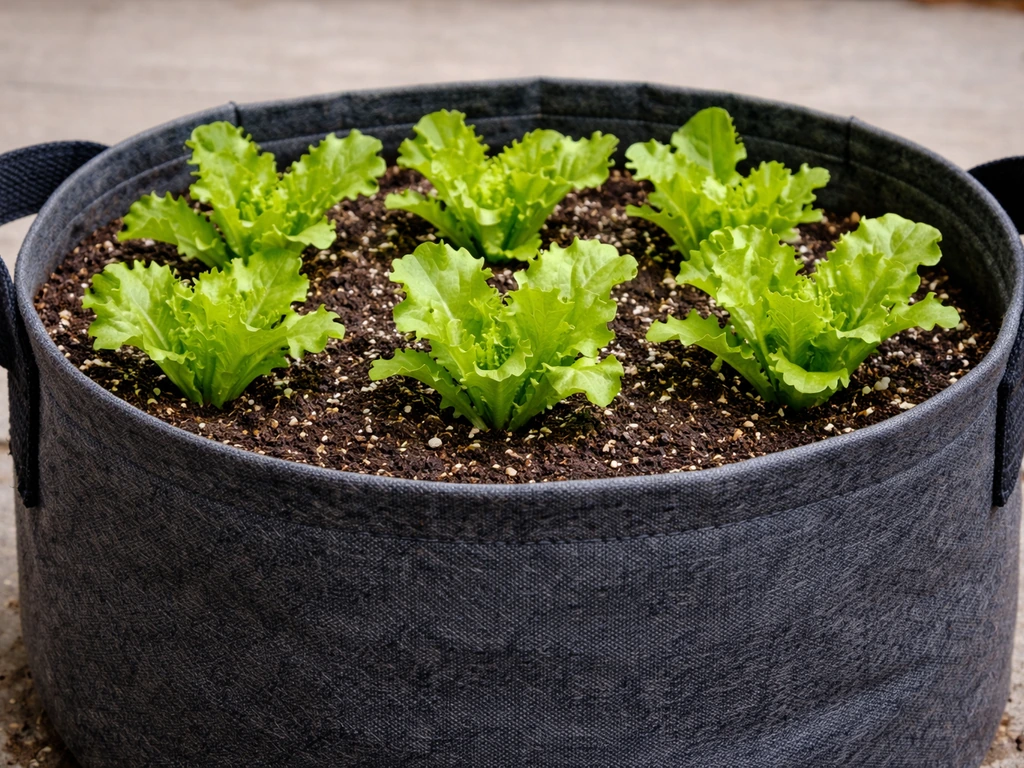 Fabric grow bag with young lettuce plants growing, potting mix surface visible and roots implied by air-pruning.