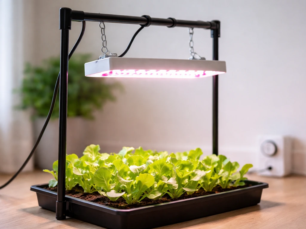 LED grow light suspended above leafy lettuce seedlings with natural indoor light and minimal setup.