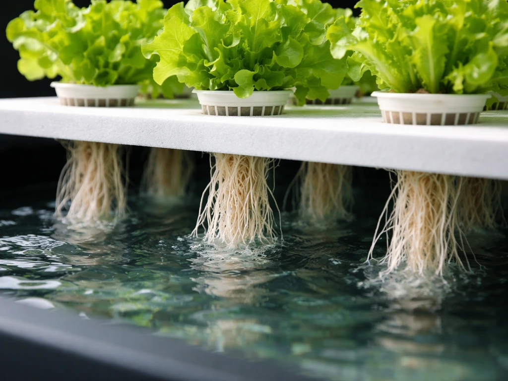 Close-up of hydroponic deep water culture net pots with lettuce roots hanging in nutrient solution.