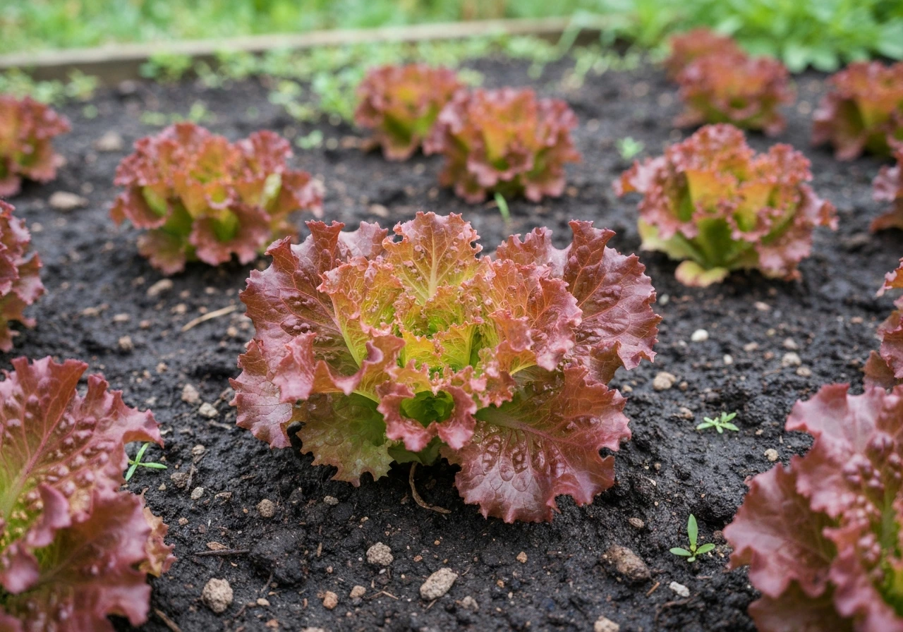 Close-up of vibrant Lollo Rosso lettuce rosettes growing in dark, moist garden soil