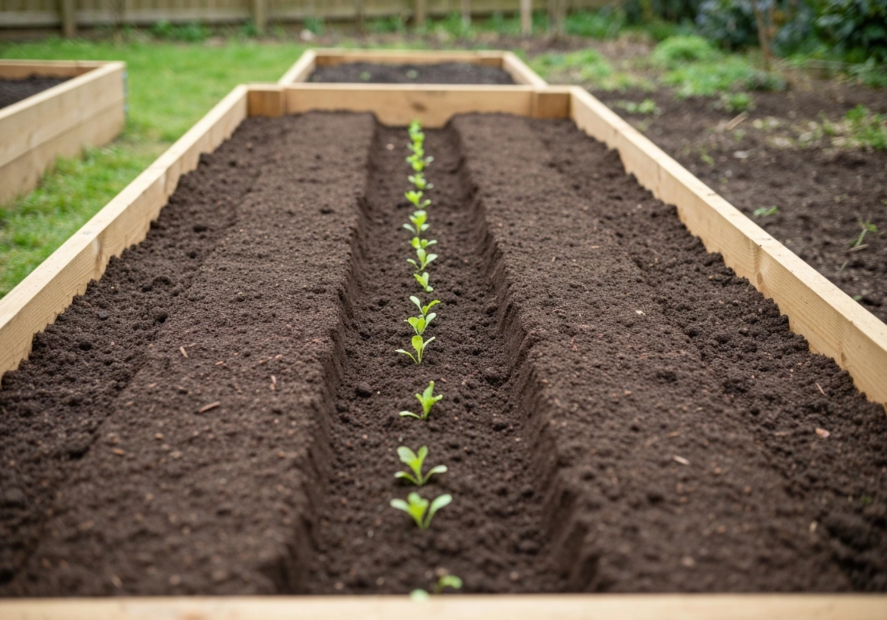 Raised wooden garden bed with dark compost soil and freshly raked rows for planting lettuce.