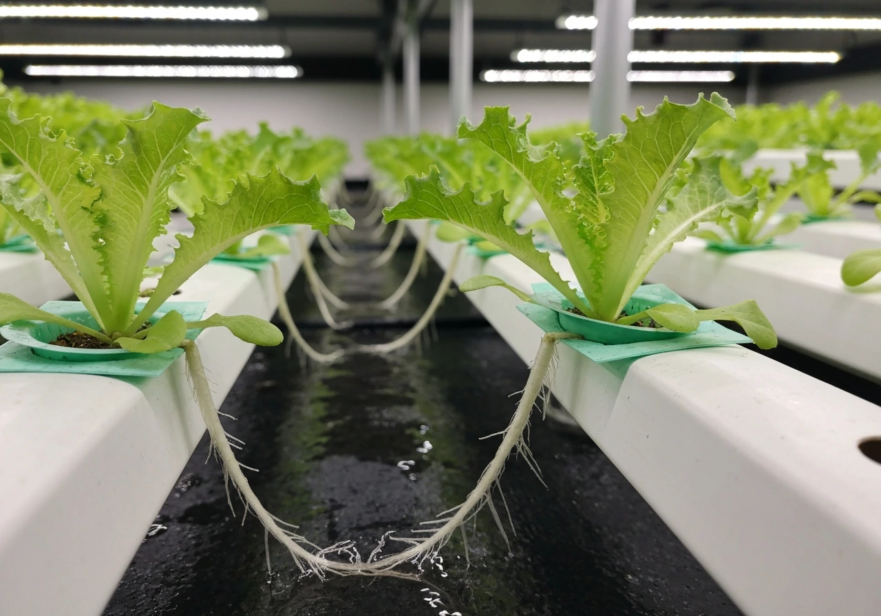Lollo Rosso lettuce seedlings with visible roots in an NFT hydroponic channel under grow lights.