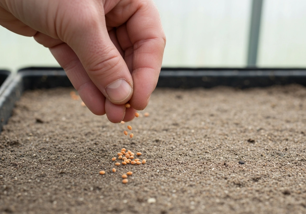 Tiny lettuce seeds scattered on moist soil, shown being pressed shallowly for germination light.