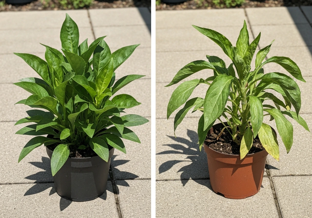 Split view of two potted plants: one in partial shade thriving, one in hot sun slightly wilted.