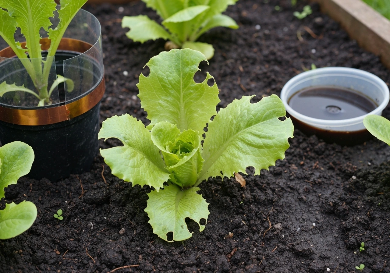 Lettuce leaves with slug damage beside copper tape barrier on a plant container and a nearby beer trap.