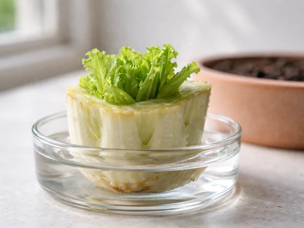 Close-up of trimmed lettuce base regrowing with small new leaves, with water-to-soil transition background