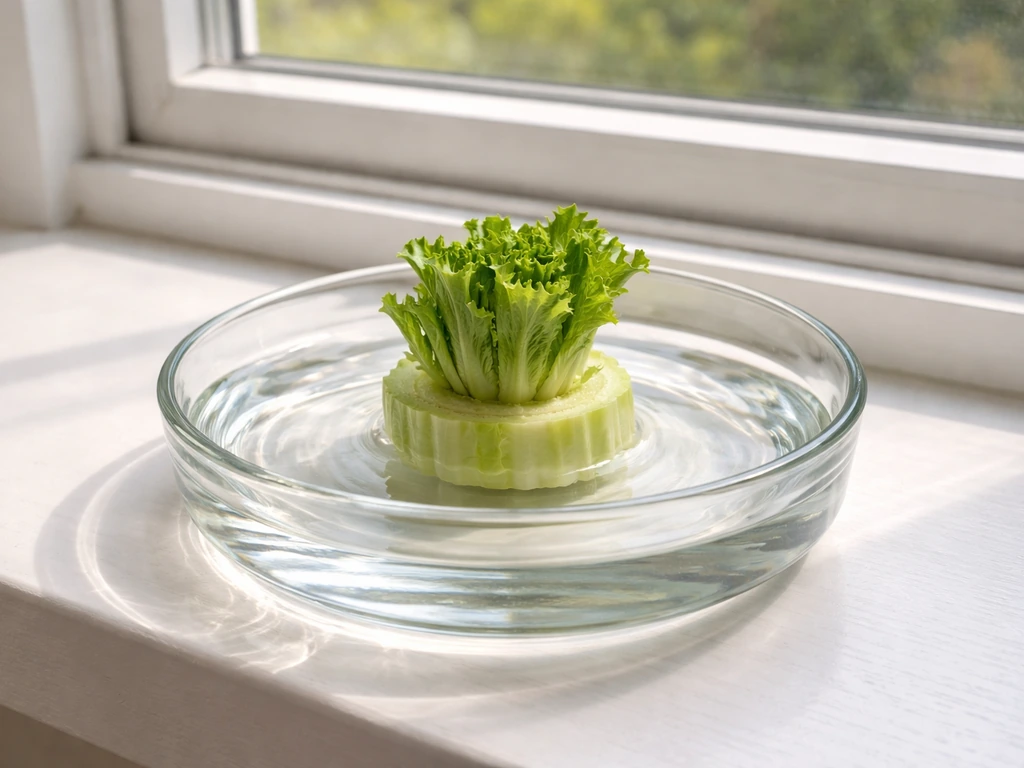 Lettuce base cut end soaking in a shallow dish of water on a bright windowsill