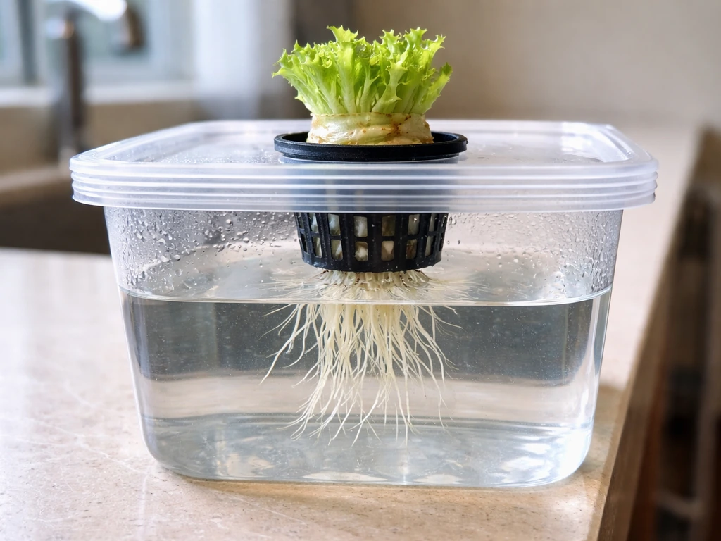 Lettuce base in a simple hydroponic reservoir with visible roots growing in clear water.