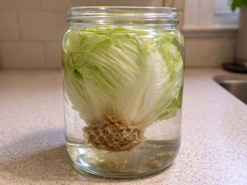 Lettuce base in a water jar looks slimy and rotting, with too much of it submerged.