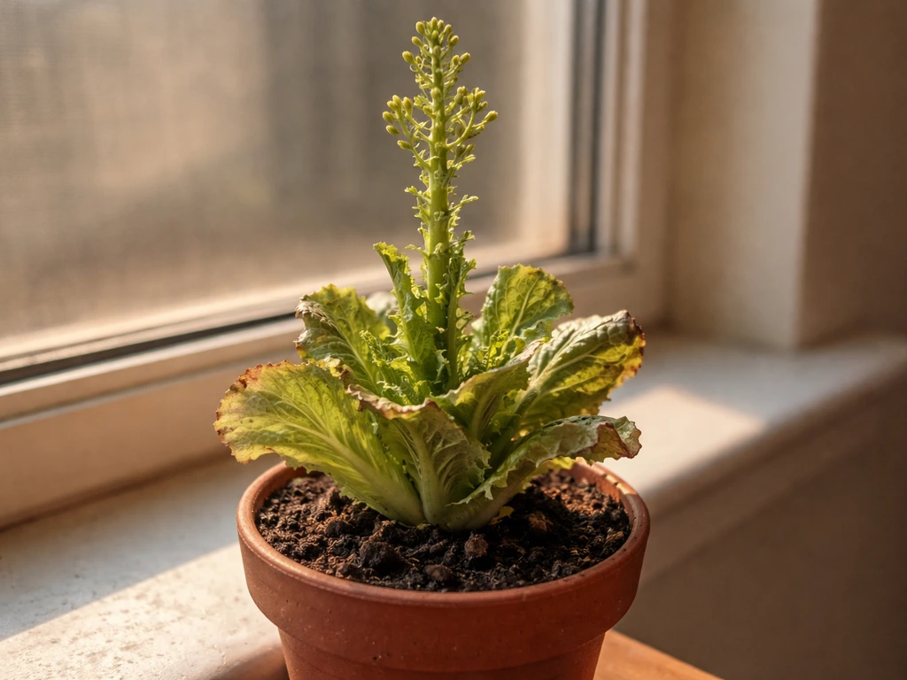 Regrown lettuce in a small pot with a visible flower stalk and slightly stressed leaves in warm daylight.