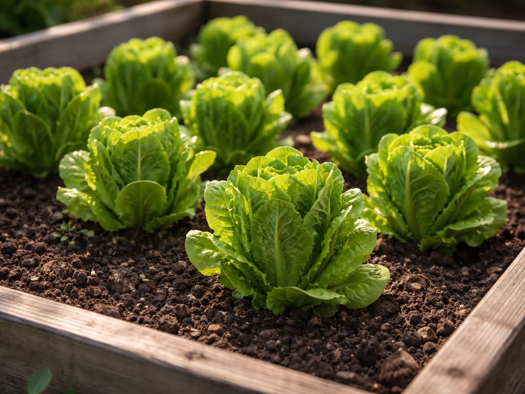 Close-up of compact mini romaine lettuce heads growing upright in a raised garden bed.