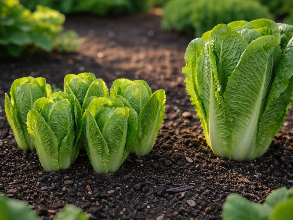 Compact mini romaine heads beside a larger full-size romaine head in soil, natural light close-up.