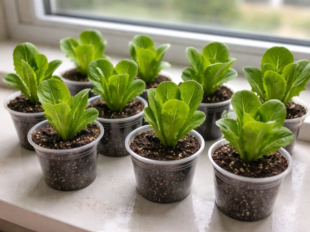 Mini romaine lettuce seedlings in small cups with potting mix, arranged with proper spacing near a sunny window.