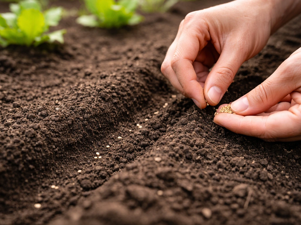 Gardening hands sow mini romaine seeds into a shallow furrow with moist, loose soil.