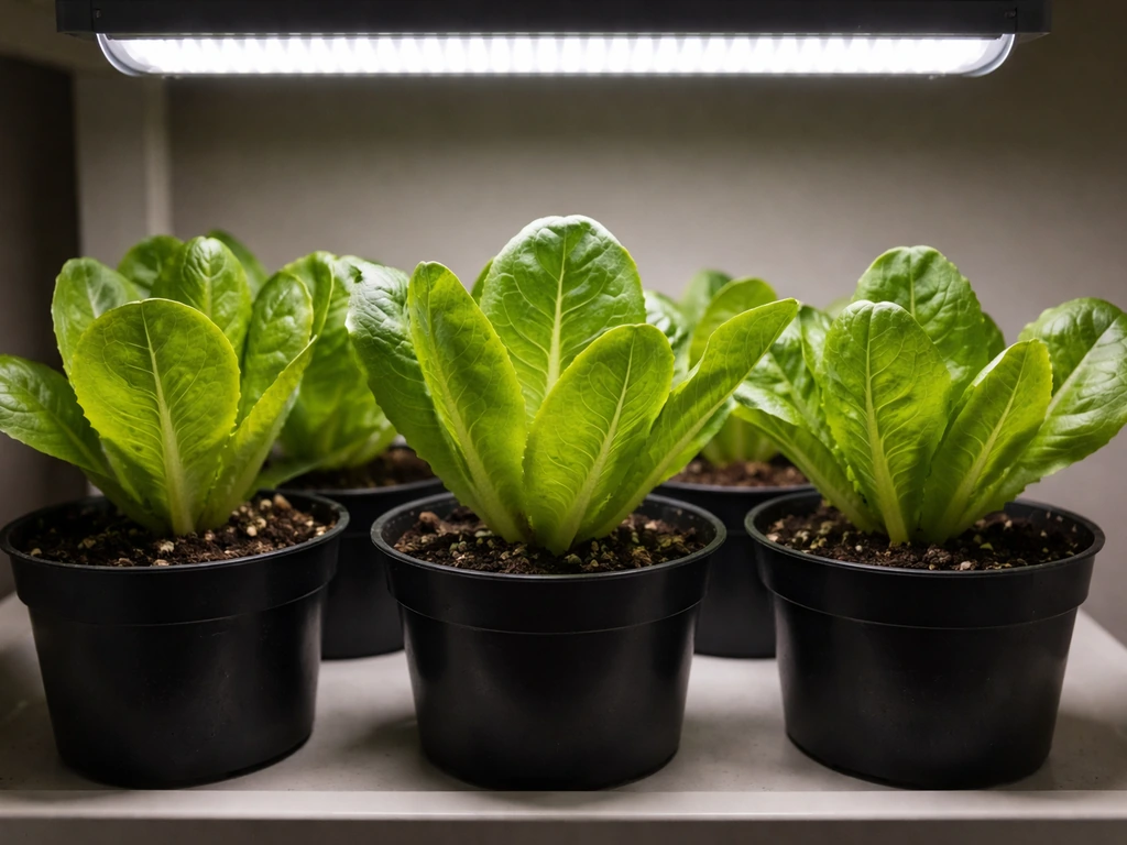 Mini romaine lettuce in small pots under a full-spectrum LED grow light, with visible light distance cues.