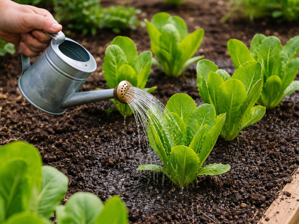 Hand watering mini romaine lettuce; soil top layer looks evenly moist, not soggy.