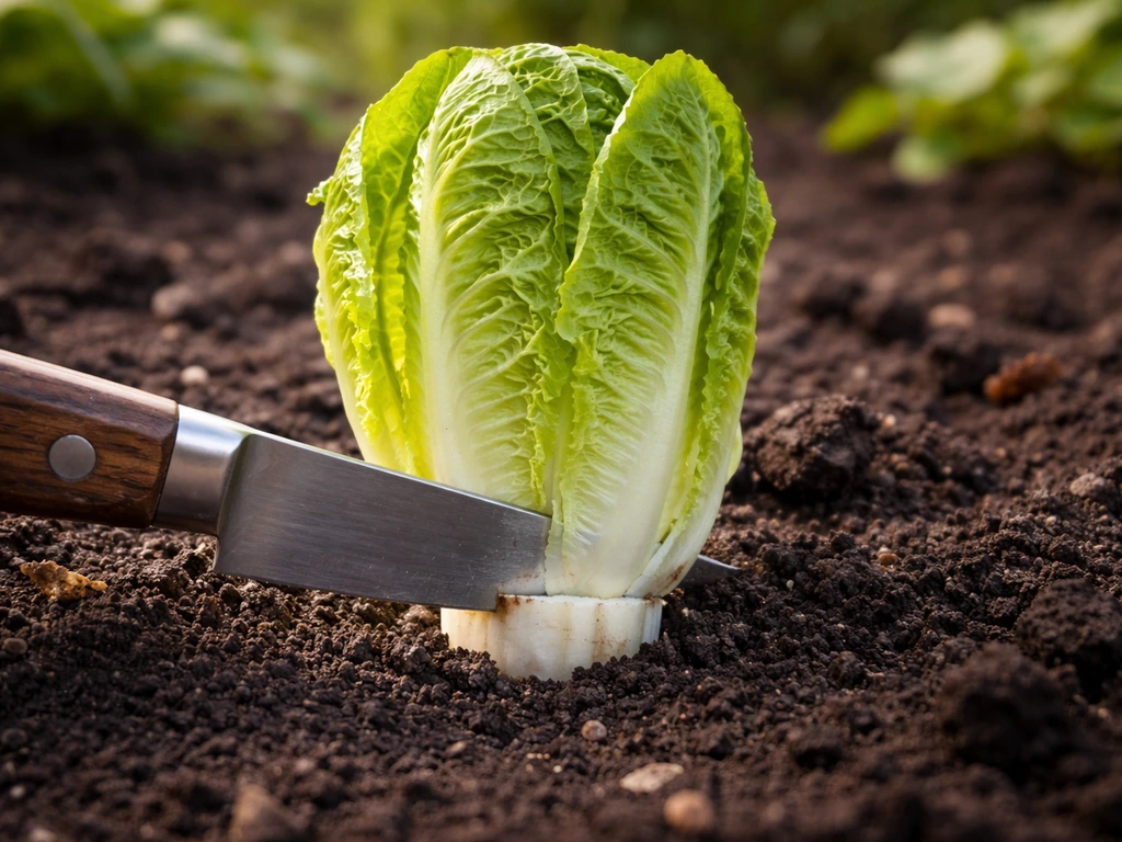 Mini romaine head being cut at the base with a sharp knife, crisp tightly packed inner leaves visible.