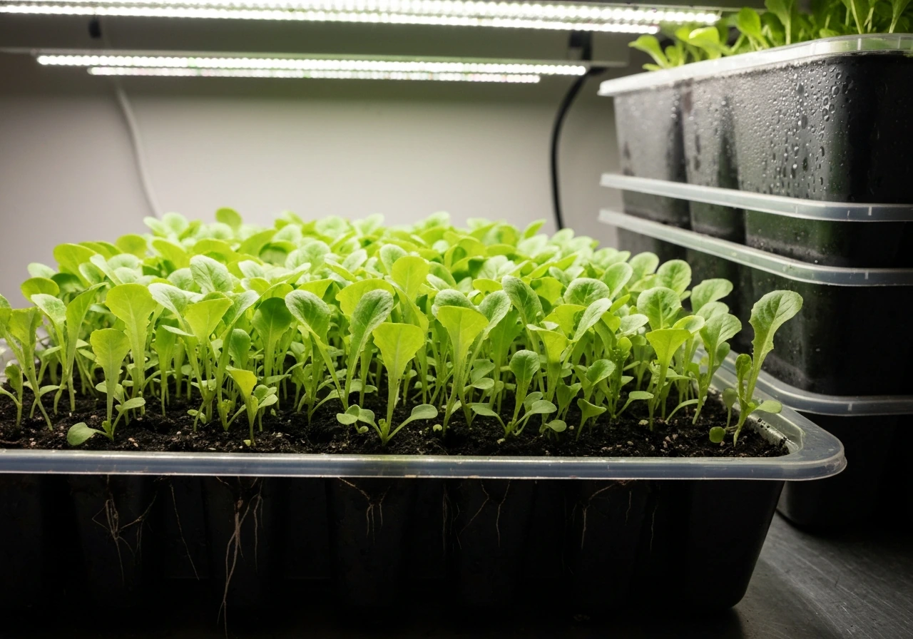 Healthy lettuce seedlings in a seed tray under soft grow lights, shown in a close 3/4 view.