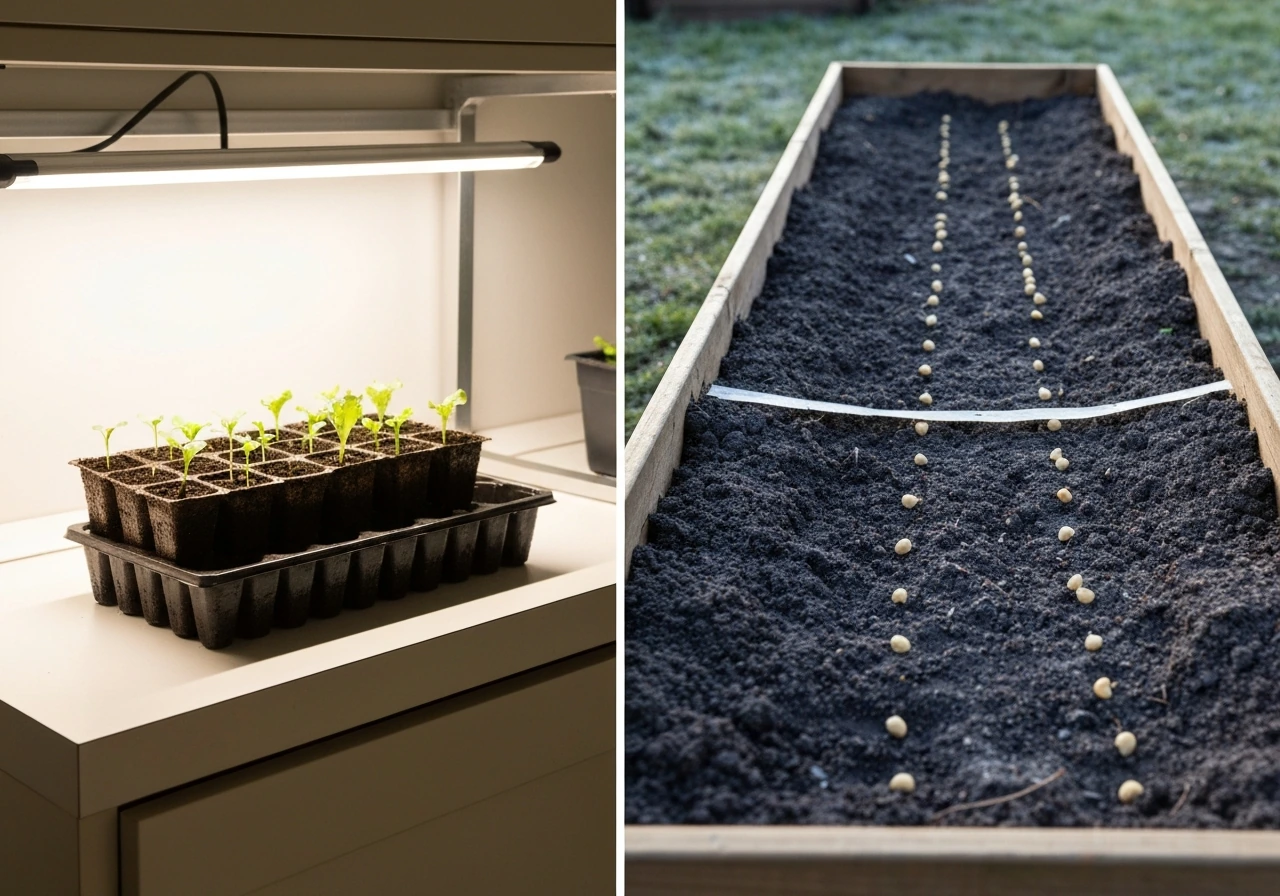 Side-by-side view: lettuce seedlings in a tray indoors and direct-sown lettuce seeds in a raised bed outdoors.