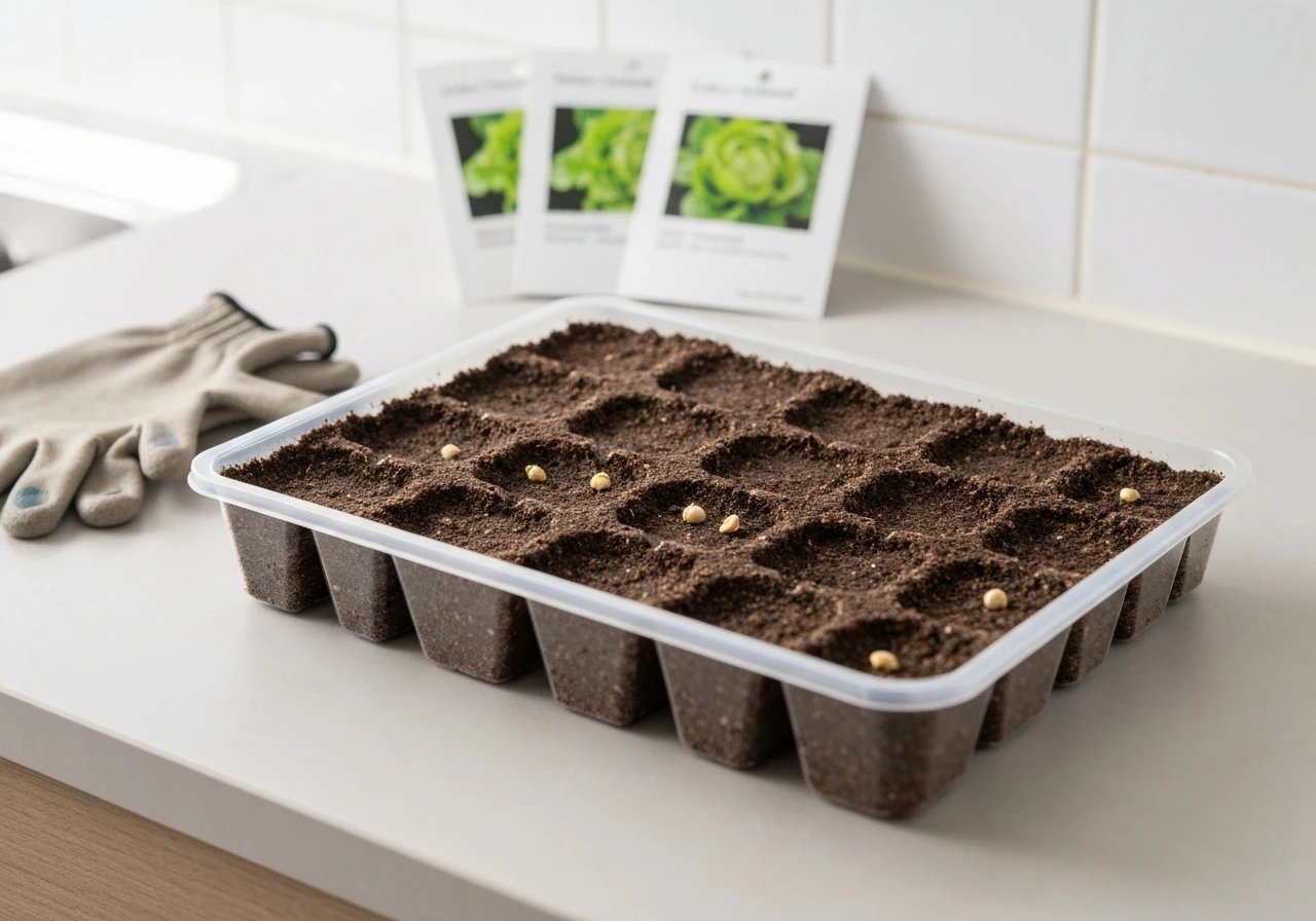 Close-up of a clean seed tray filled with starting mix, ready for sowing lettuce seeds.