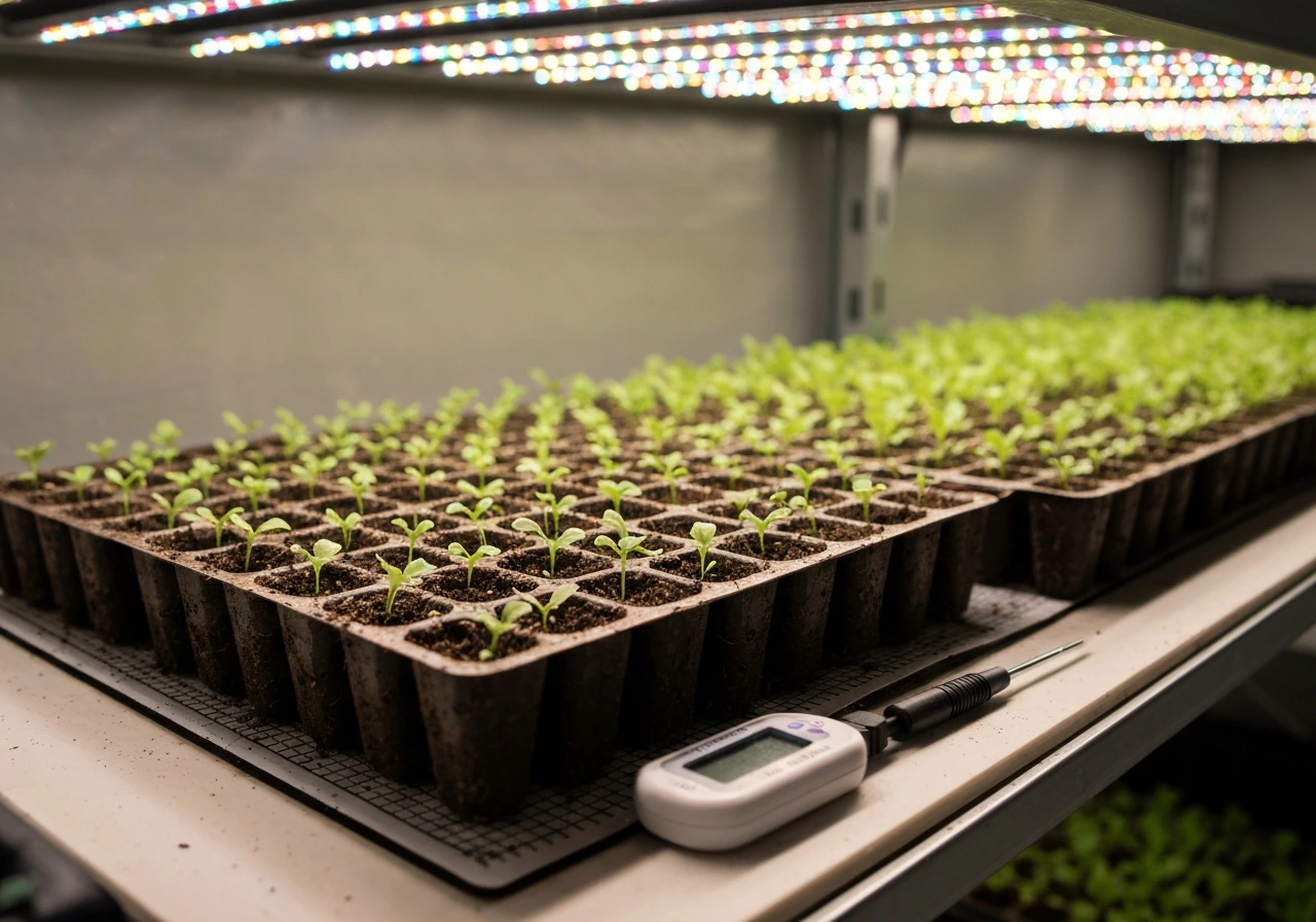 Lettuce seedlings in a tray under grow lights, with a visible thermometer and heat mat