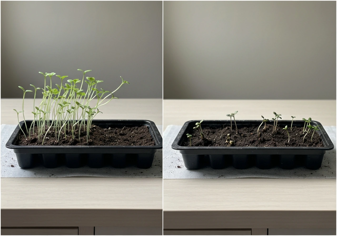 Split photo showing leggy seedlings in one seed tray and damping-off seedlings collapsing in another.