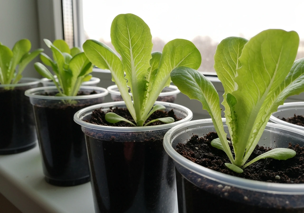 Close-up of indoor loose-leaf lettuce growing in cups on a windowsill with moist soil.