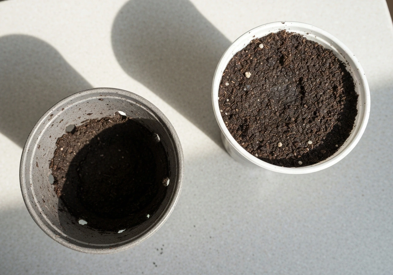 Top-down view of two small cups with potting mix and visible drainage holes for lettuce planting