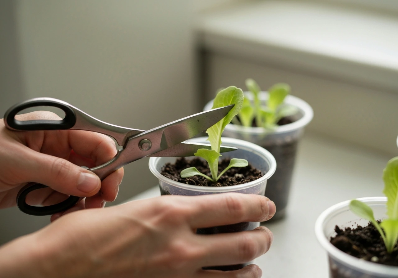 Close-up of clean scissors snipping baby lettuce leaves above a cup garden crown