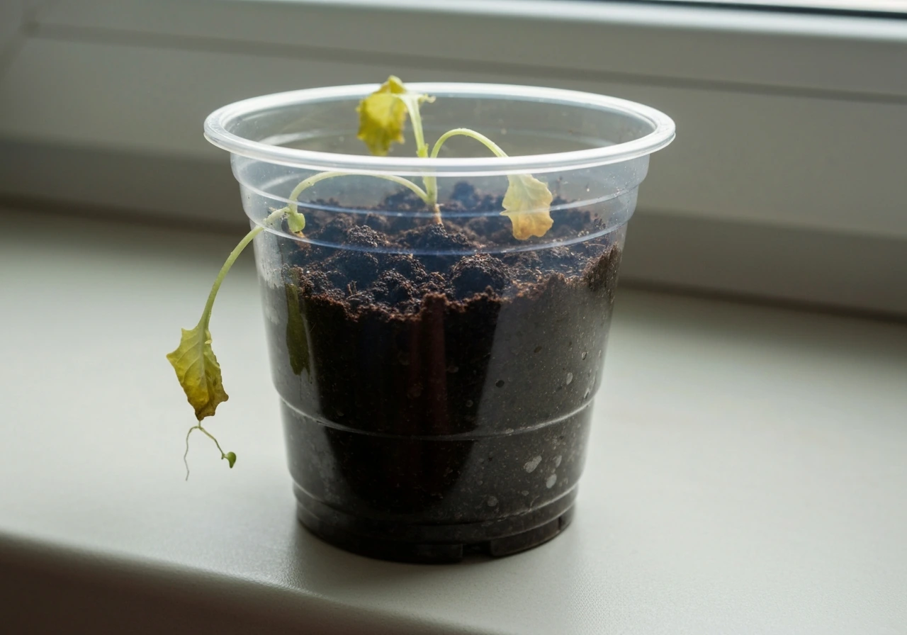 Small cup of lettuce seedlings in soggy, waterlogged soil with wilting yellow leaves