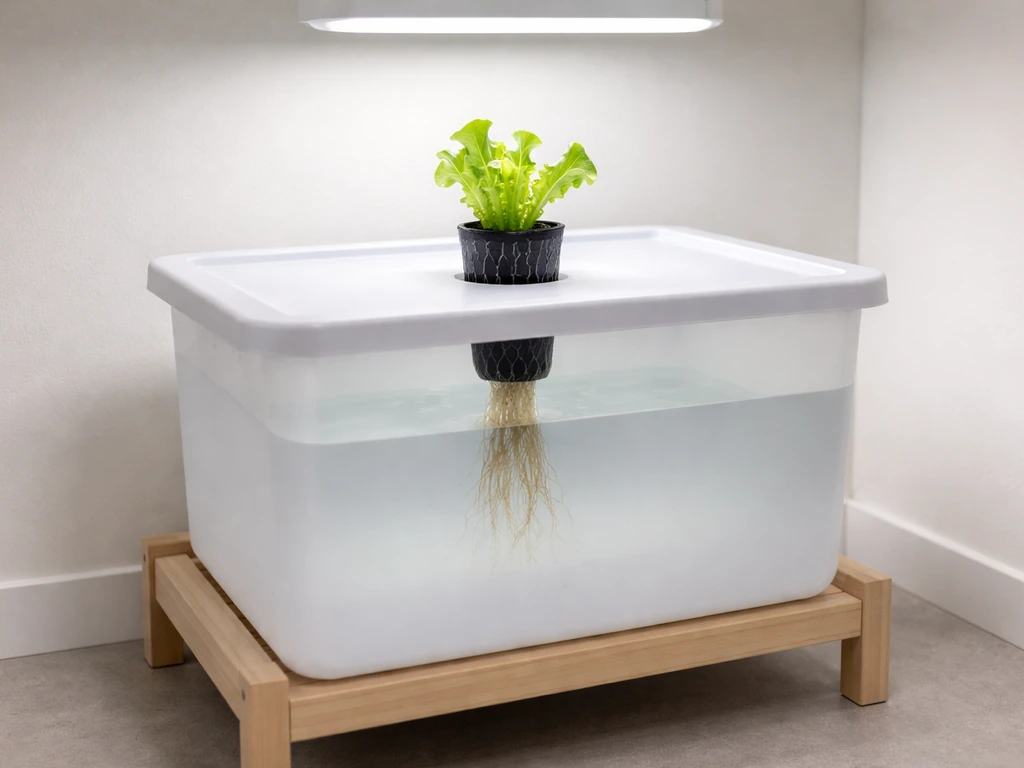Indoor Kratky lettuce setup with opaque reservoir, net pot suspended, and LED grow light overhead.