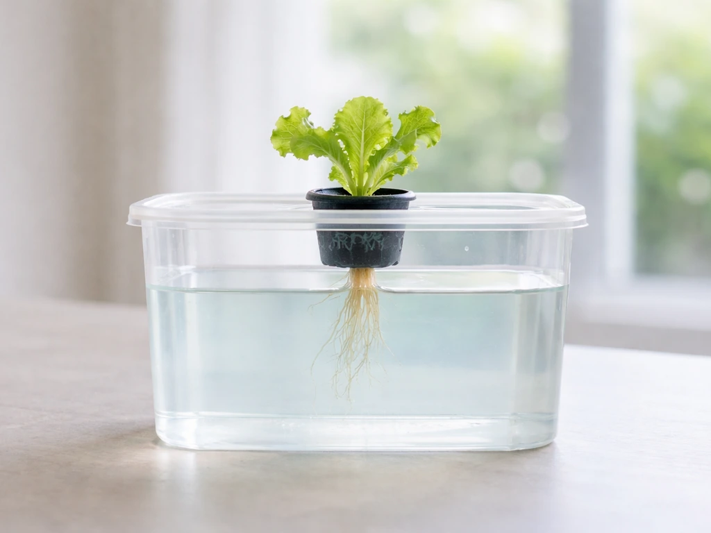 Lettuce seedling in a clear Kratky hydroponic tub with an air gap above the nutrient solution.