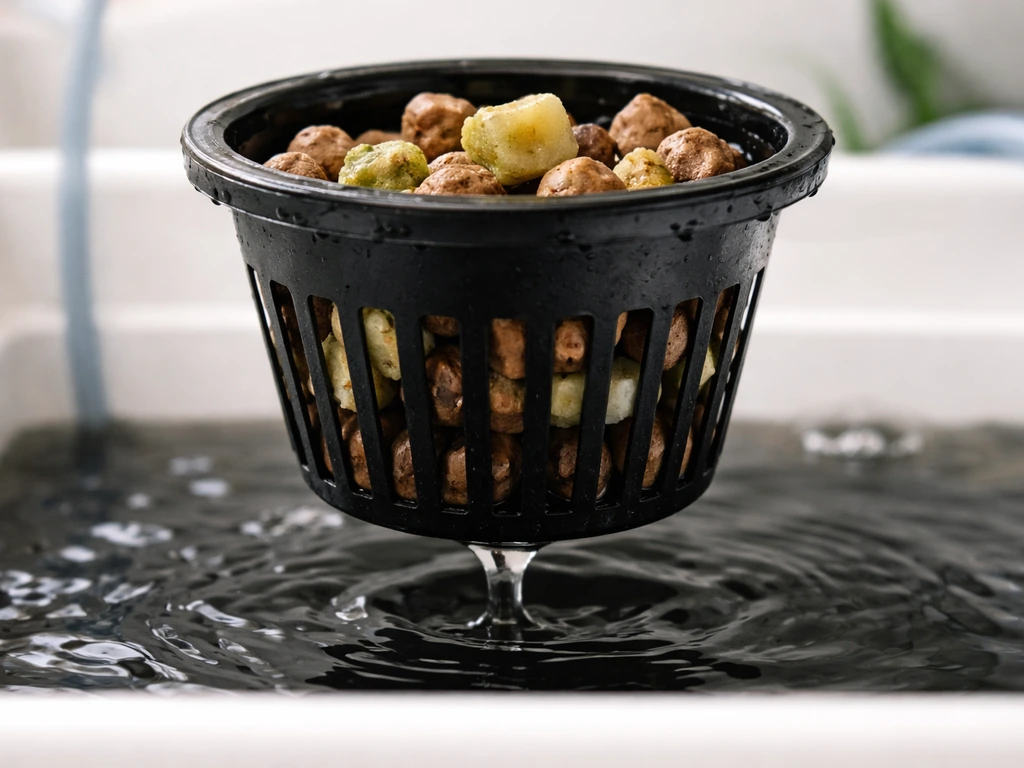 Close-up of a net pot with hydroponic growing medium suspended above a nutrient reservoir