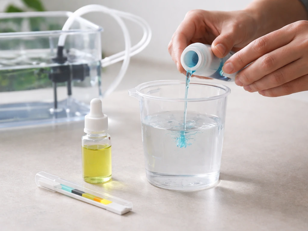 Hands measuring hydroponic nutrients and water in a clear container, focused on pH before mixing.