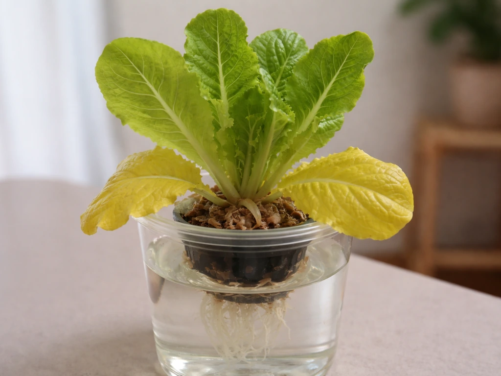 Kratky lettuce plant with older bottom leaves yellowing while new top leaves stay green.