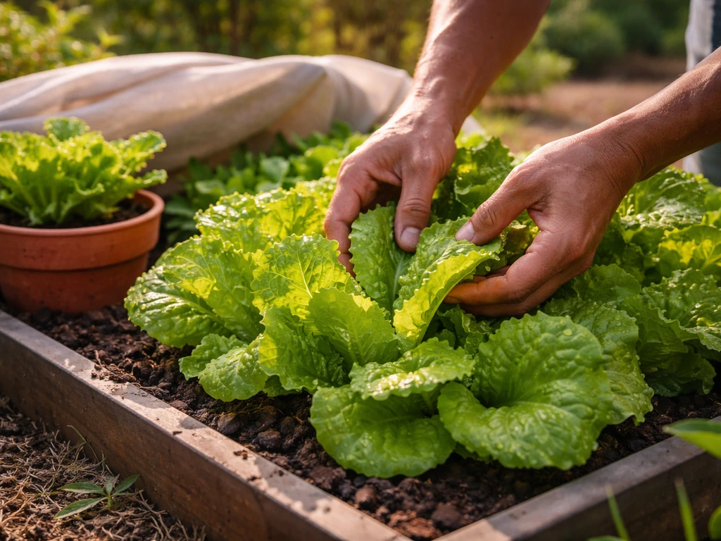Gardener’s hands inspecting and harvesting fresh lettuce in a South African raised bed with a nearby pot and shade cloth