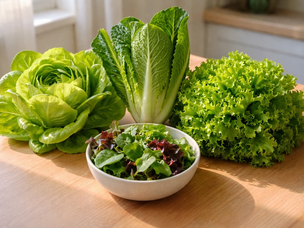 Assorted fresh lettuce varieties on a simple table, suggesting cool- and warm-season choices