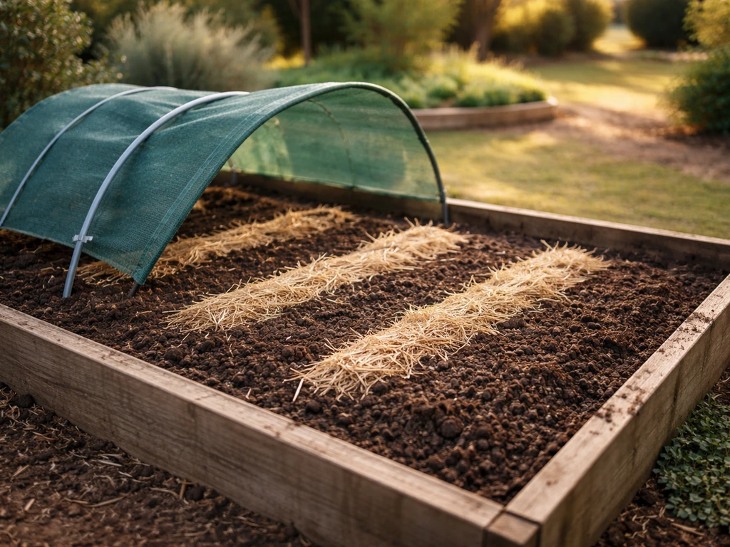 Sunlit raised garden bed for lettuce with amended soil, mulch, and a simple shade cloth frame.